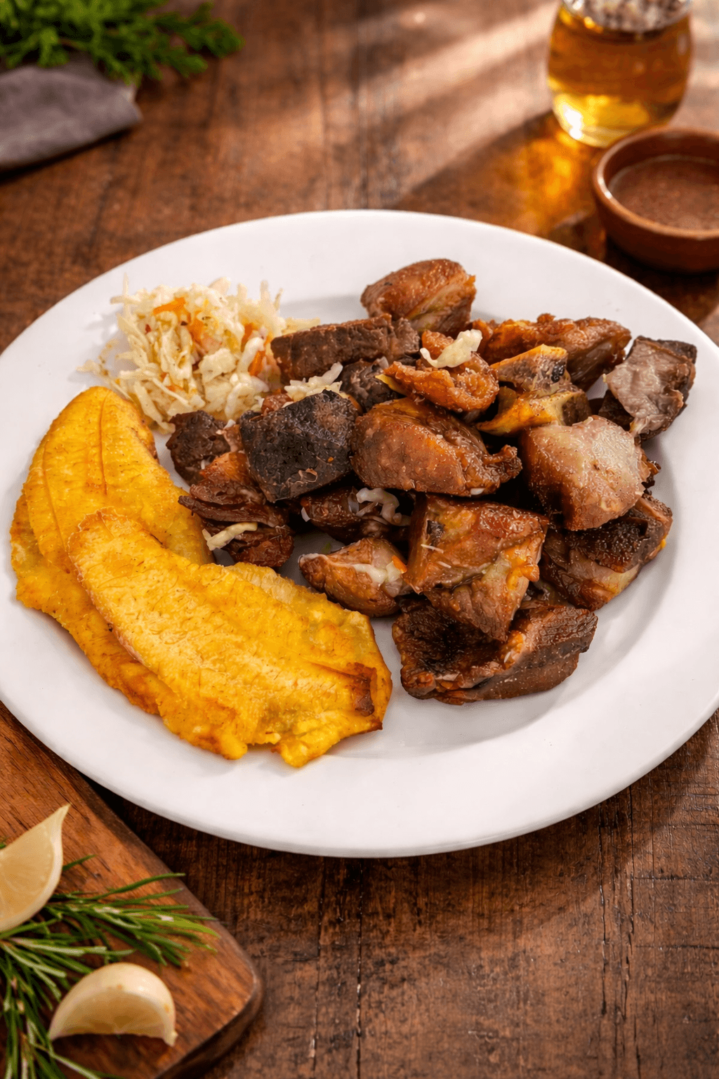 Fried Pork (Griot) with crispy pork, rice and beans, fried plantain, and pikliz on a white plate