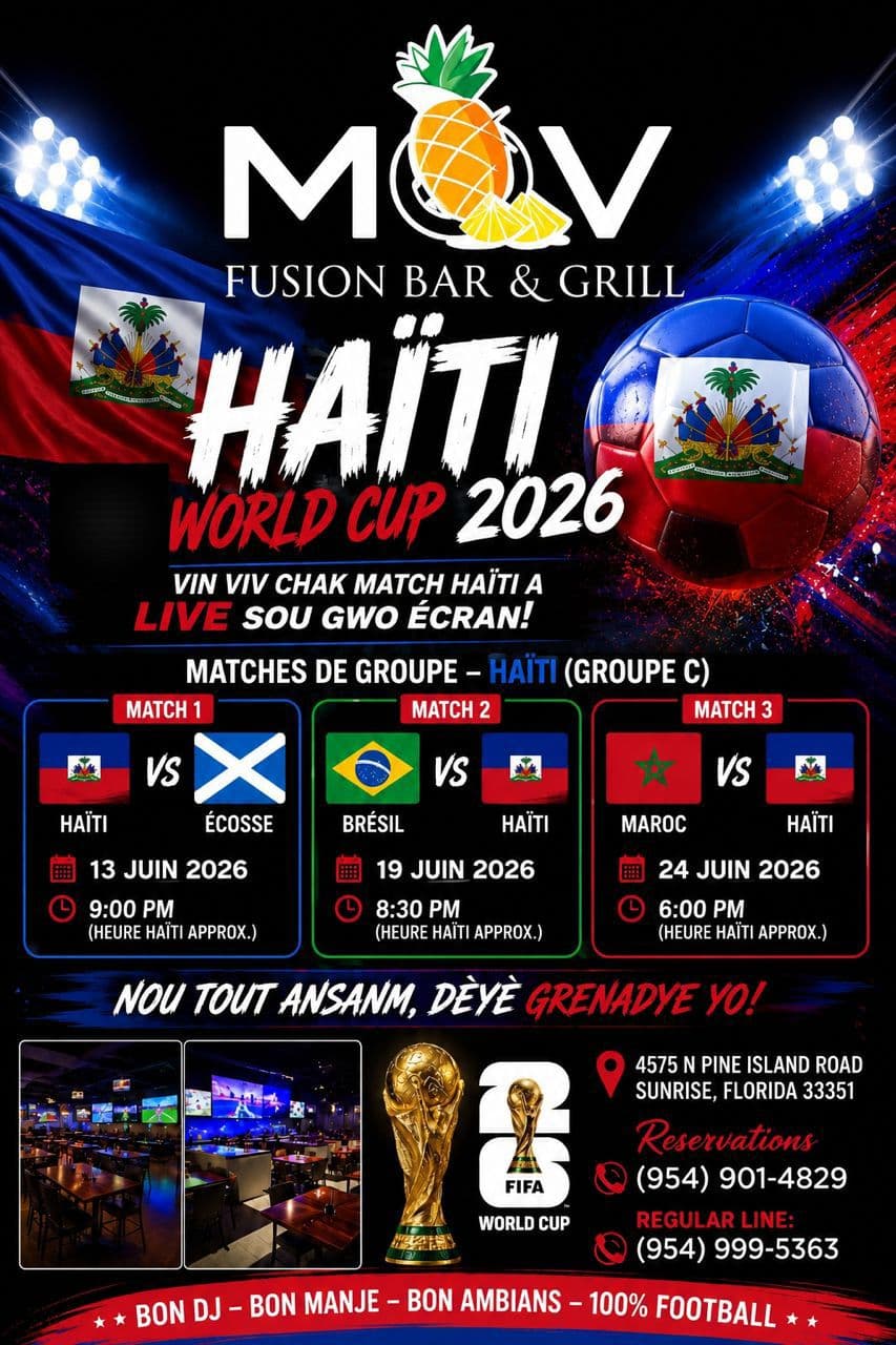Haiti national team player in white jersey with soccer ball bursting from a stadium TV screen — World Cup 2026 watch party at MOV Fusion
