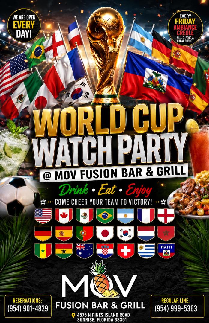 World Cup Watch Party poster — MOV Fusion Bar & Grill, Sunrise FL, drink eat enjoy, cheer your team on big screens